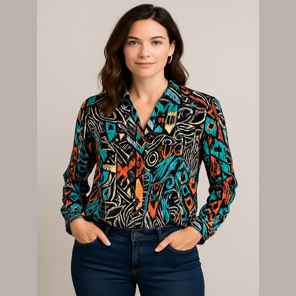 Vintage Tropical 100% Silk Blouse Multicolored Sheer Picasso Art Deco